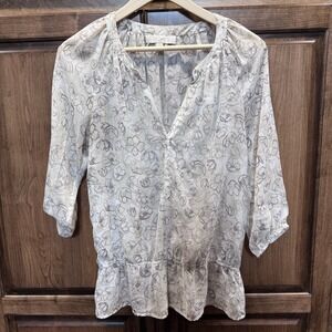 LOFT Women's Blouse XS Ivory Gray Floral Peplum Hem 3/4 Sleeve Top Ann‎ Taylor